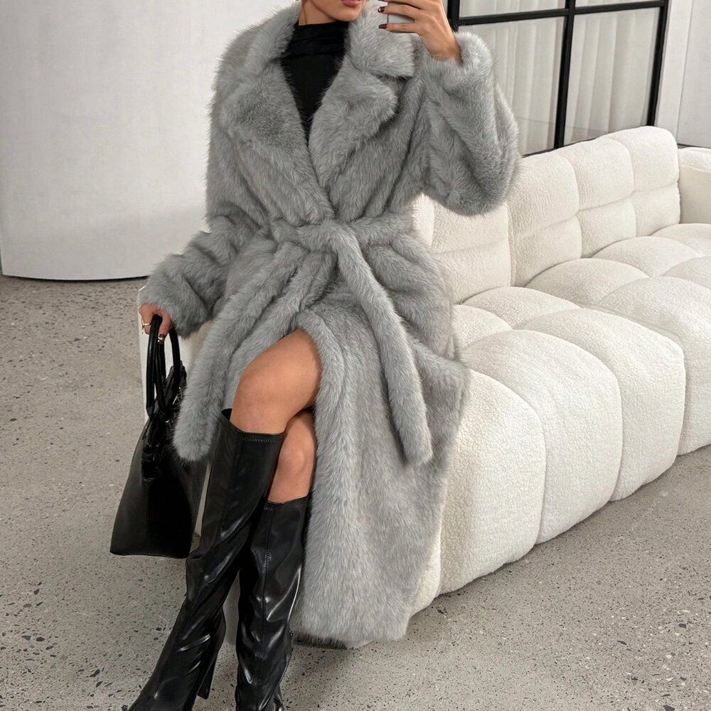 Grey Casual Women's Minimalist Long Sleeve Faux Fur Jacket